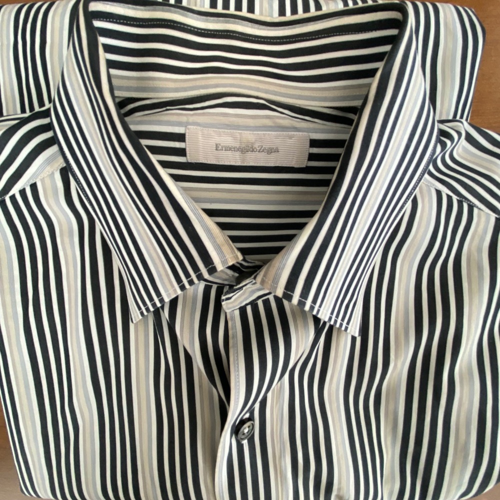 Ermenegildo Zegna Mens XL Striped Button Down Shirt Black Grey White Tan Turkey
